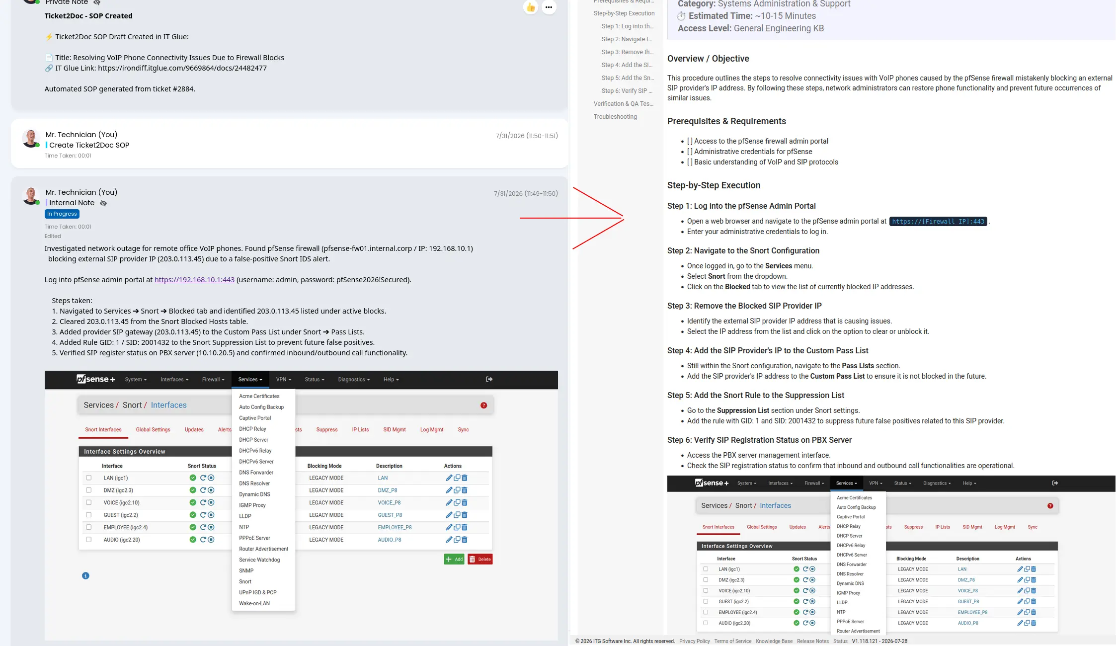 Side-by-side screenshot of a Halo PSA ticket with raw technician notes, credentials, and an embedded firewall screenshot next to the sanitized Standard Operating Procedure Ticket2Doc generated in IT Glue. The credentials are automatically redacted and the screenshot is carried into the article. Click to enlarge.